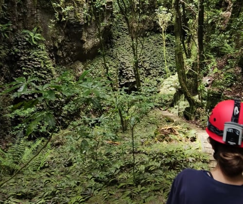 Visitor wearing a helmet looking into a lush, forested limestone gorge near the cave exit.