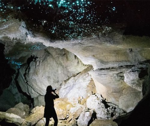 Silhouetted visitor photographing glowworms inside a limestone cave.