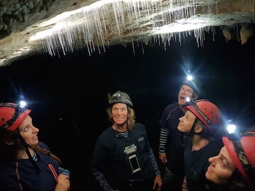 Small group on a Waitomo glowworm cave tour learning about glowworms beneath hanging threads inside a limestone cave.
